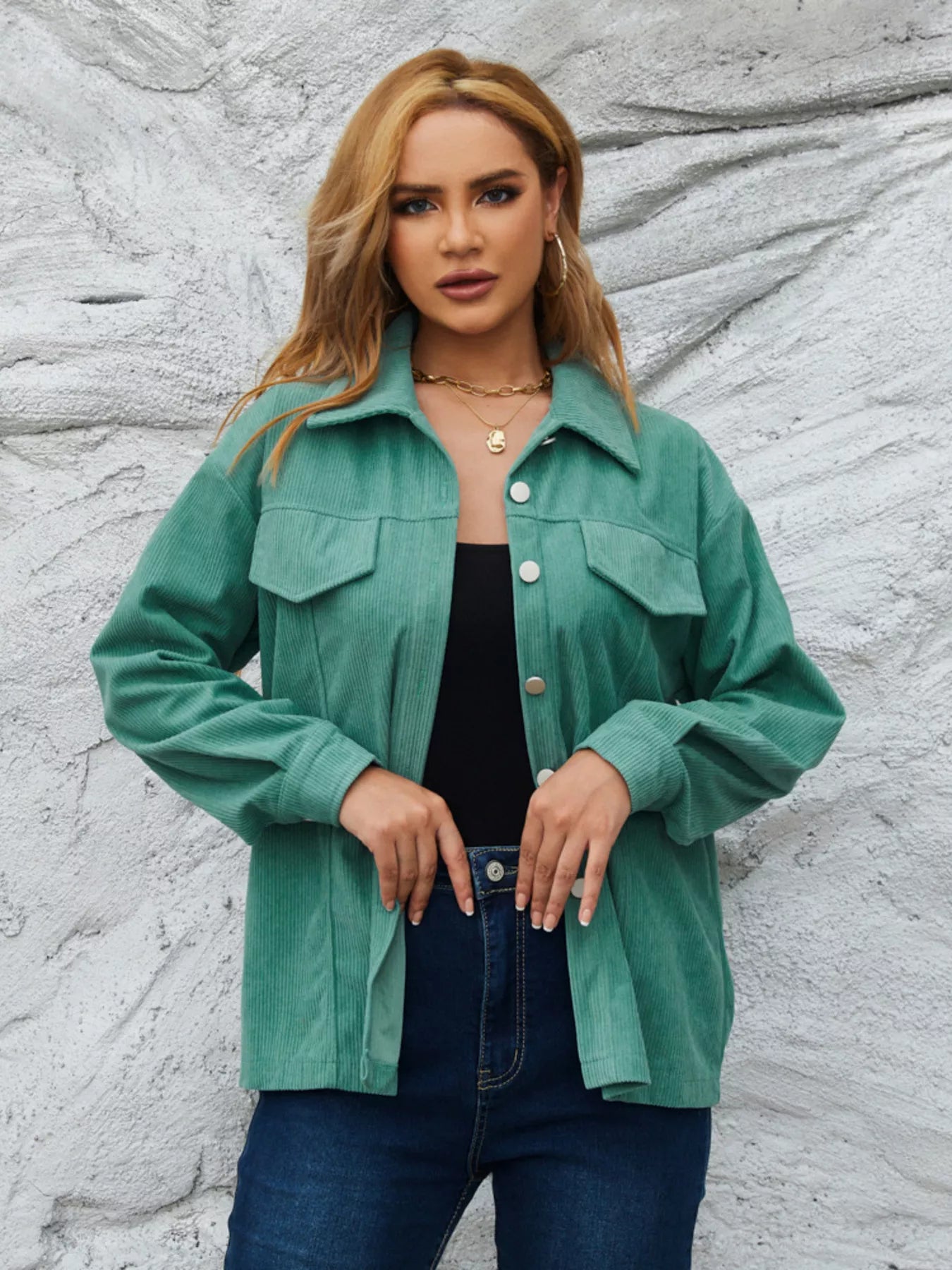 Casual Corduroy Button-Down Jacket Peacock Green