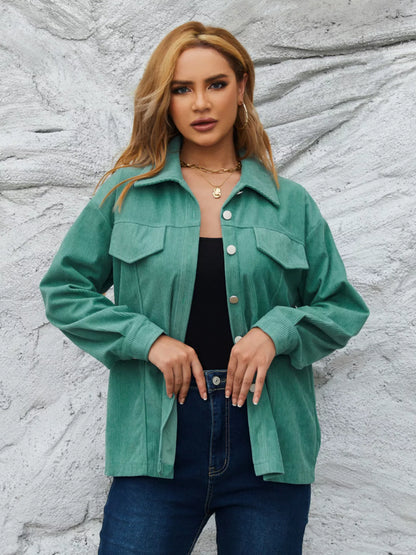 Casual Corduroy Button-Down Jacket Peacock Green