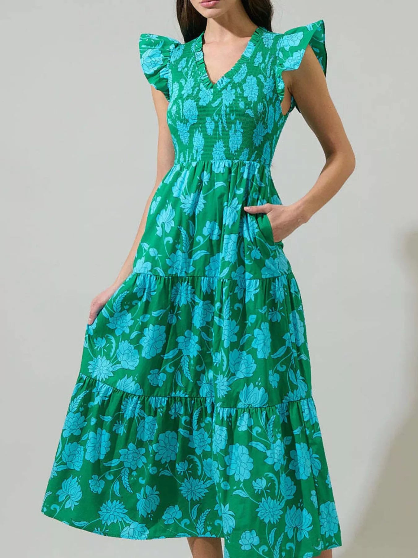Ruffled V-Neck Tiered Midi Dress Turquoise