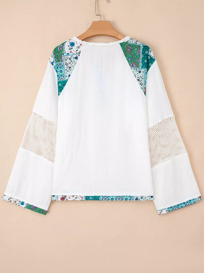 Mesh Patched Color Block Half Button Blouse