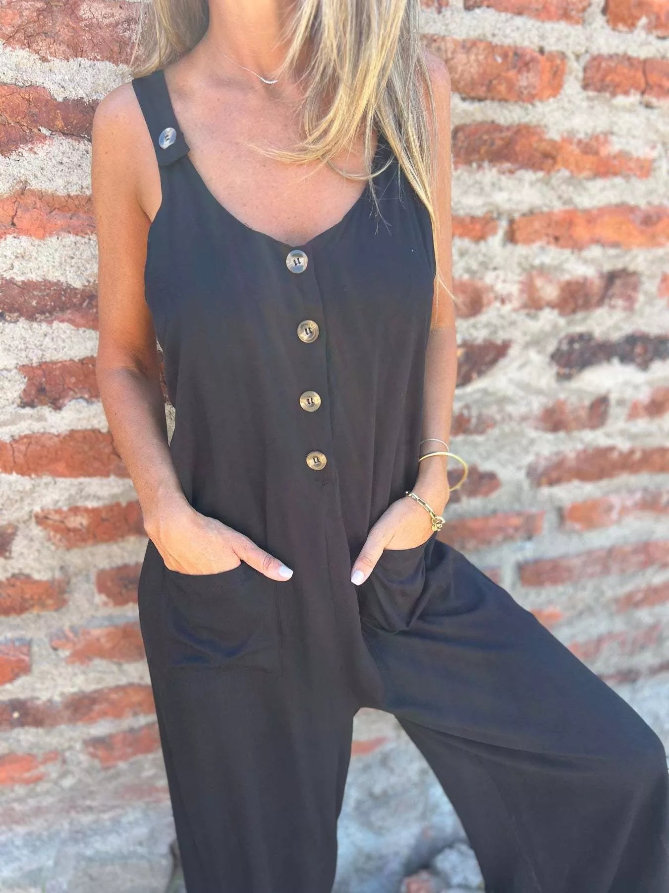 Full Size Button-Front Wide Leg Jumpsuit Plus Size Black