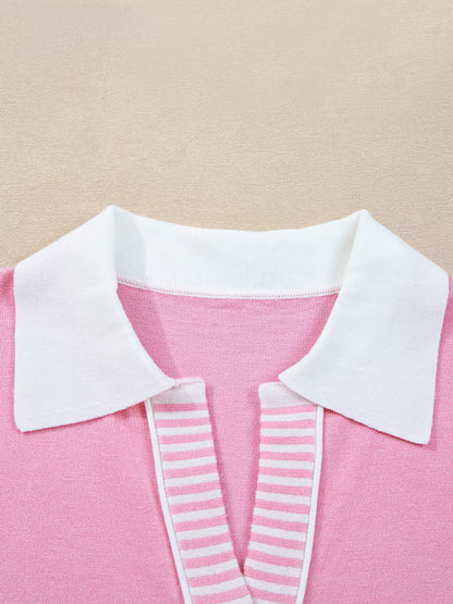 Contrasting Polo Collar Color Block Knit Drop Shoulder Sweater