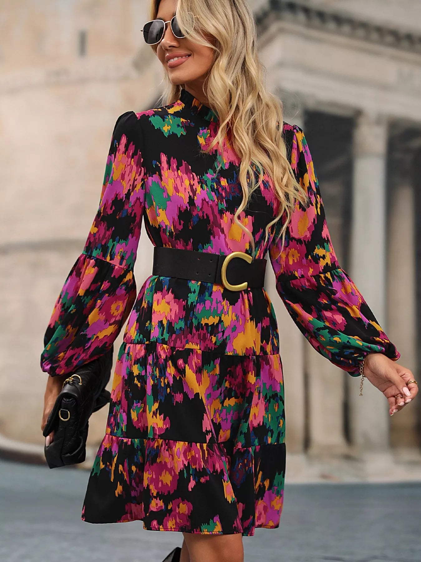 Printed Balloon Sleeve Mini Dress