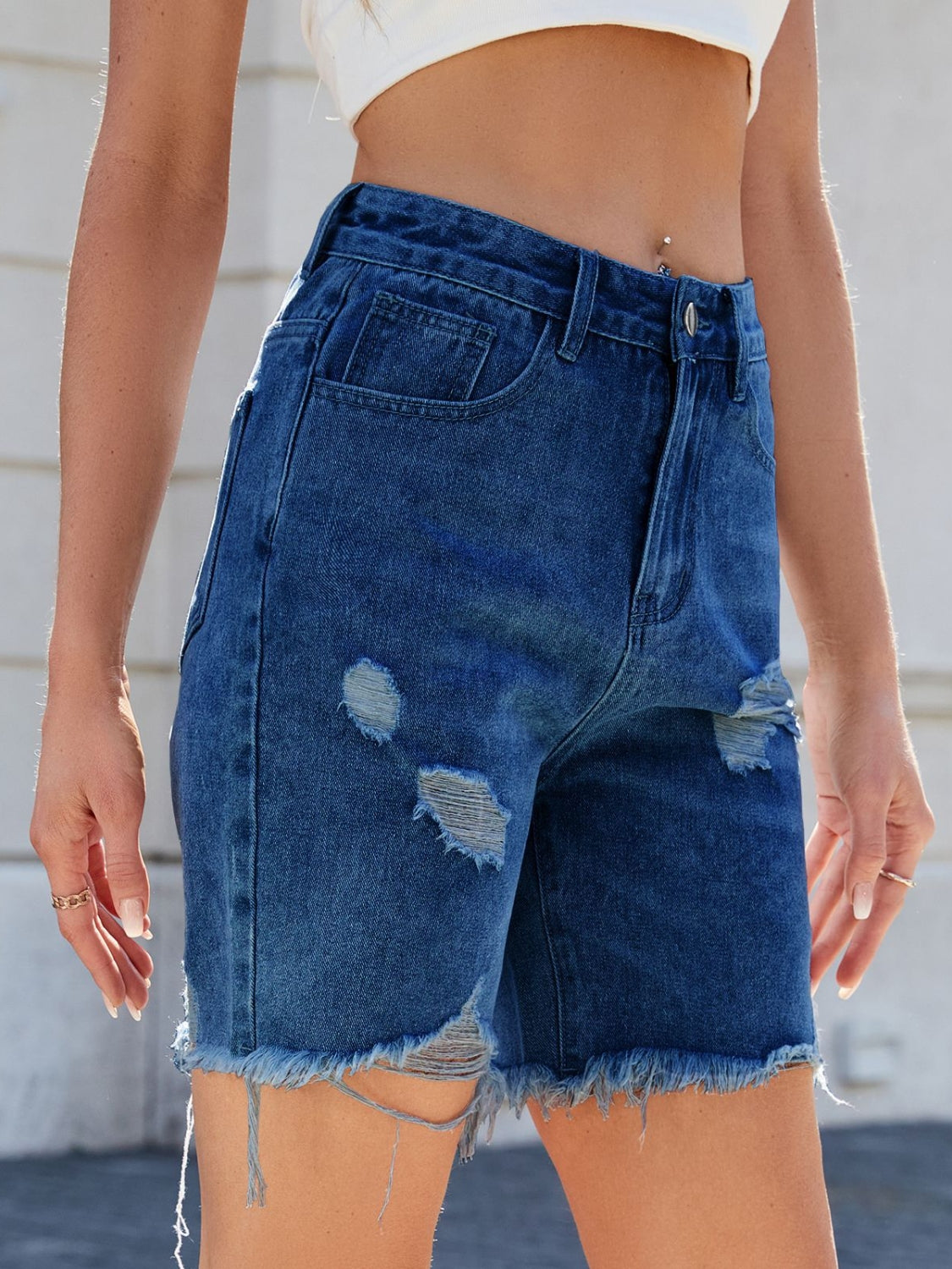 Distressed Raw Hem Denim Shorts