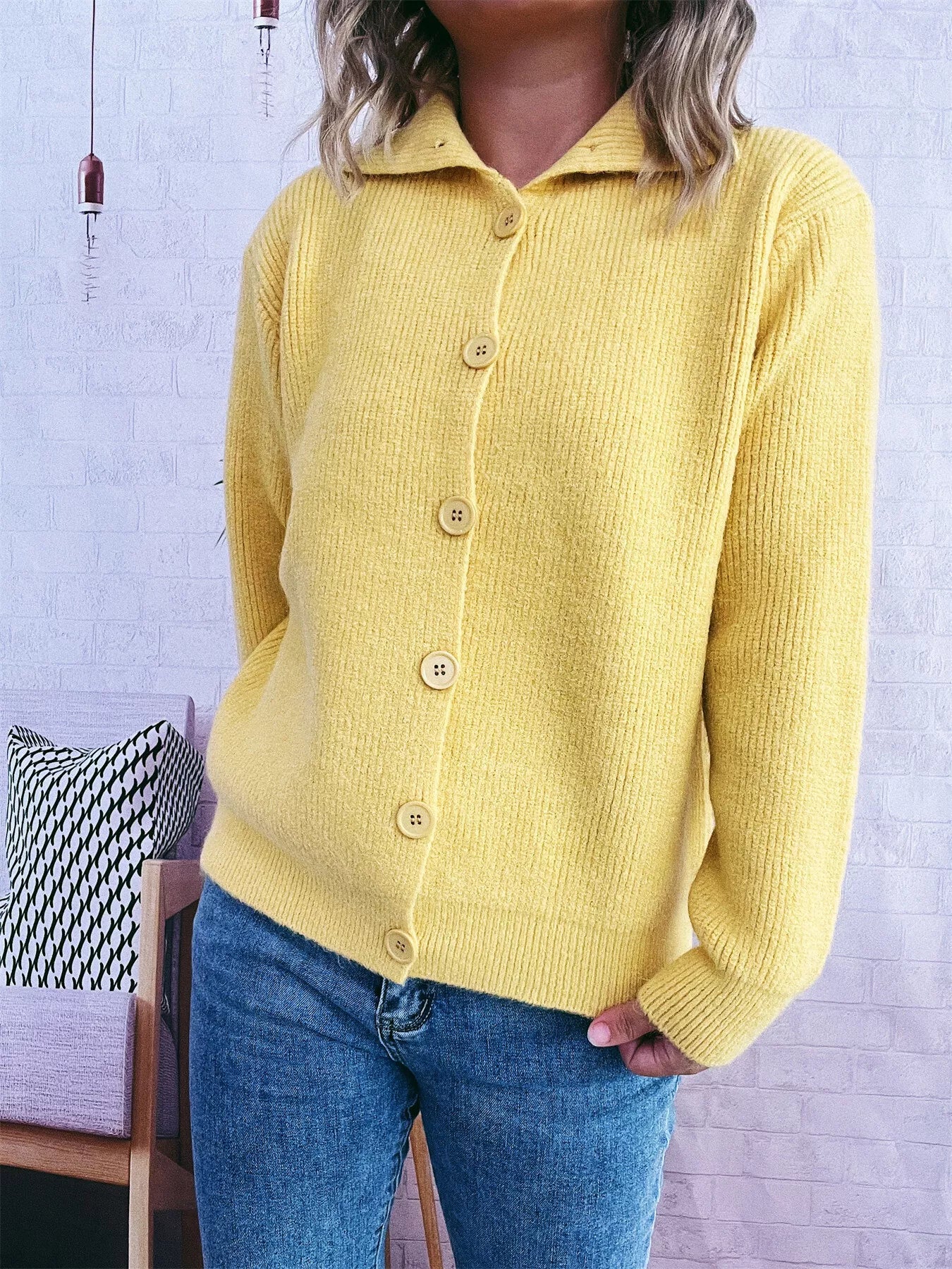 Ribbed Button-Up Cardigan Yellow One Size