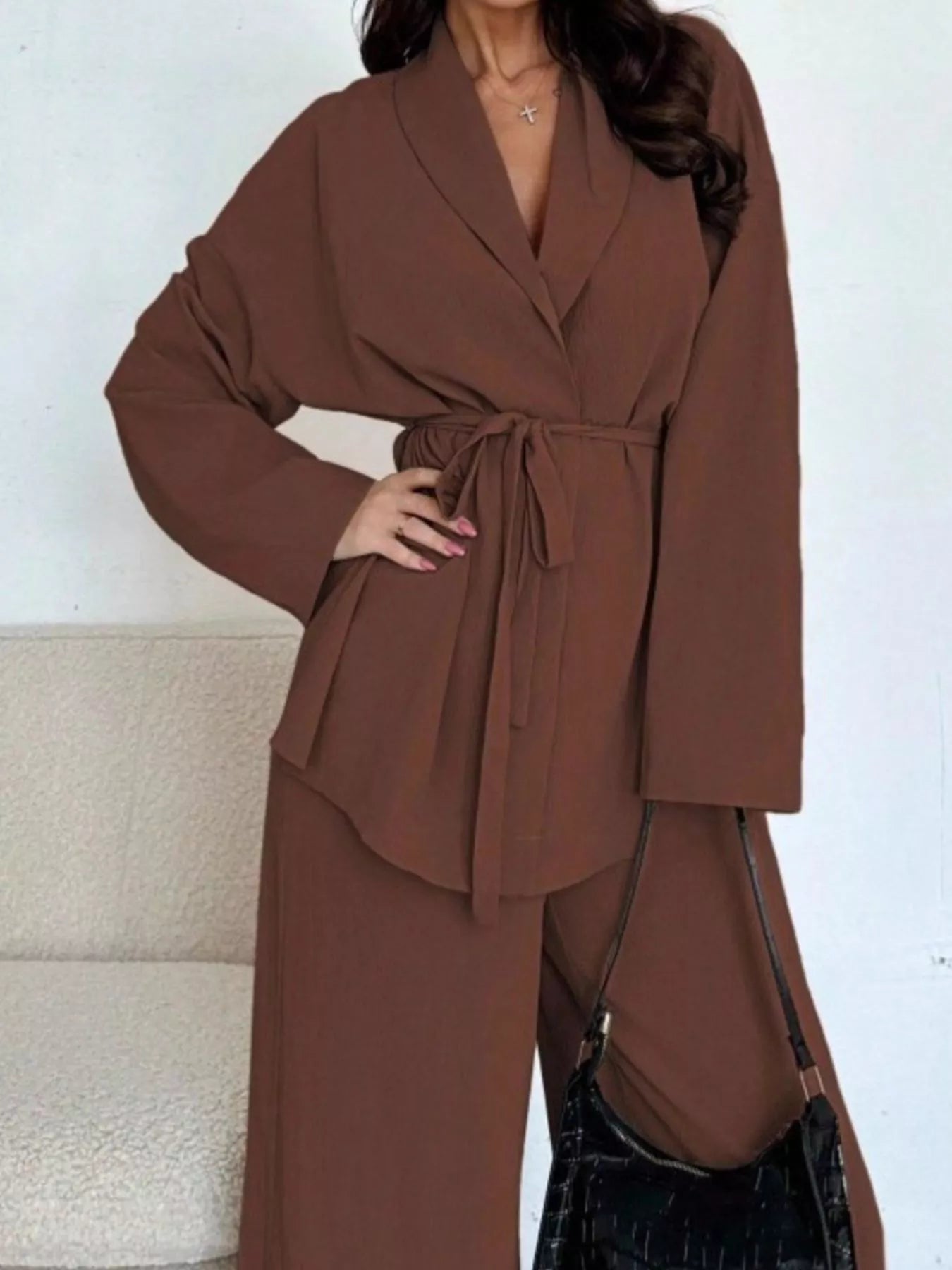 Front Tied Shirt and Wide-Leg Pants Set