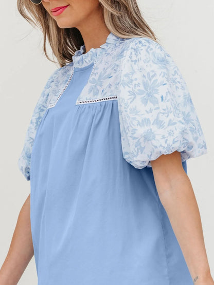 Lace Insert Floral Puff Sleeve Patchwork Loose Blouse