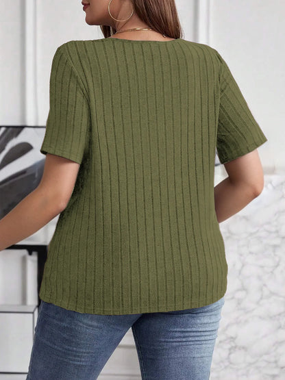 Plus Size V-Neck Short Sleeve Ribbed T-Shirt