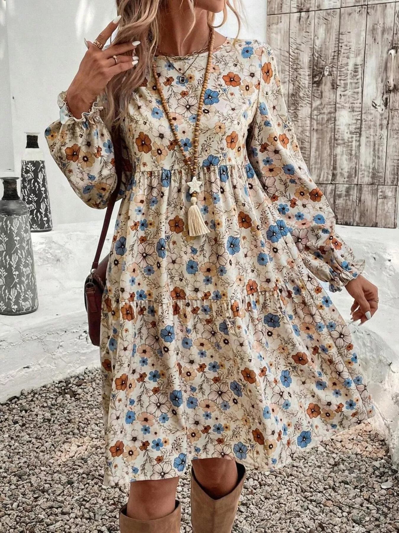 Floral Print Long Sleeve Tiered Dress