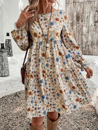 Floral Print Long Sleeve Tiered Dress