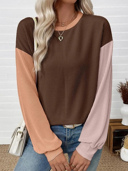 Color Block Ribbed Long Sleeve T-Shirt Coffee Brown