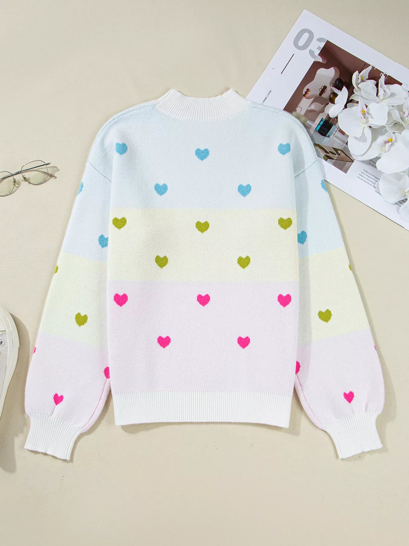 Multicolour Heart Pattern Dropped Shoulder Sweater