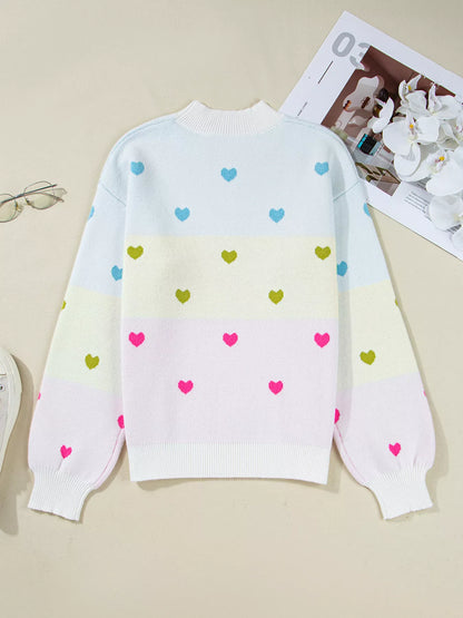 Multicolour Heart Pattern Dropped Shoulder Sweater