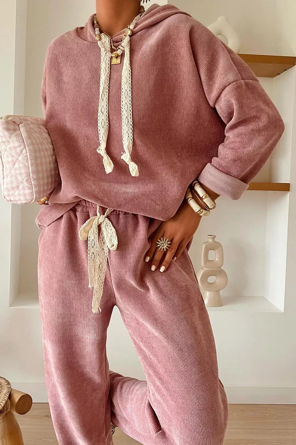 Lace Detail Dropped Shoulder Hoodie and Pants Set Dusty Pink