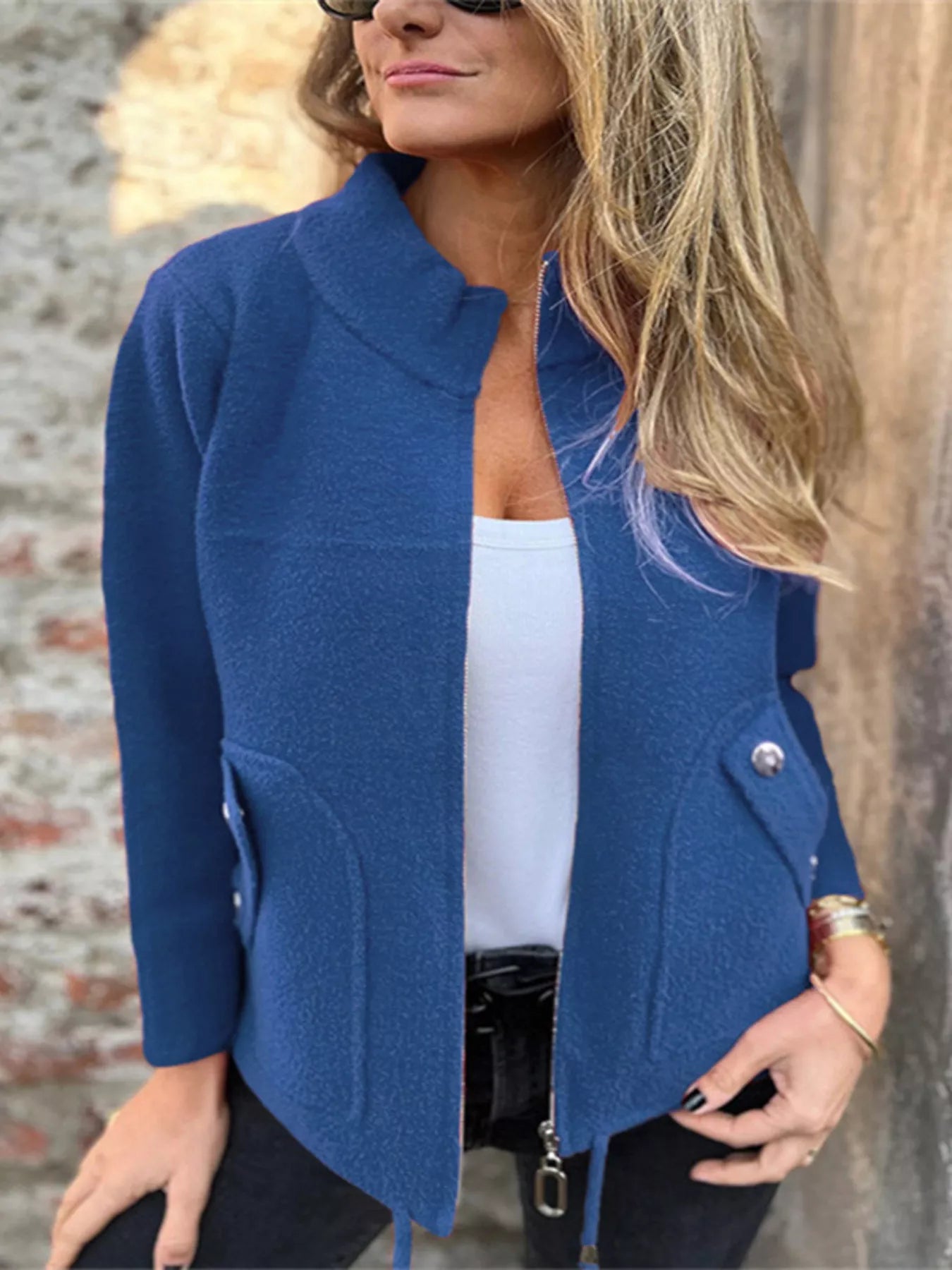 Full Size Zip-Up Long Sleeve Outerwear Plus Size Blue