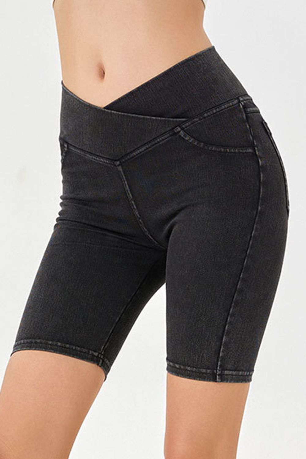 Basic Bae Asymmetrical Waist Denim Shorts with Pockets Dark