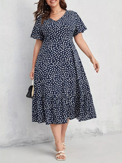 Plus Size Printed V-Neck Short Sleeve Dress