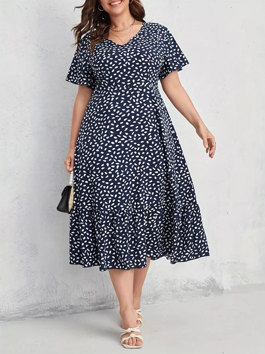 Plus Size Printed V-Neck Short Sleeve Dress