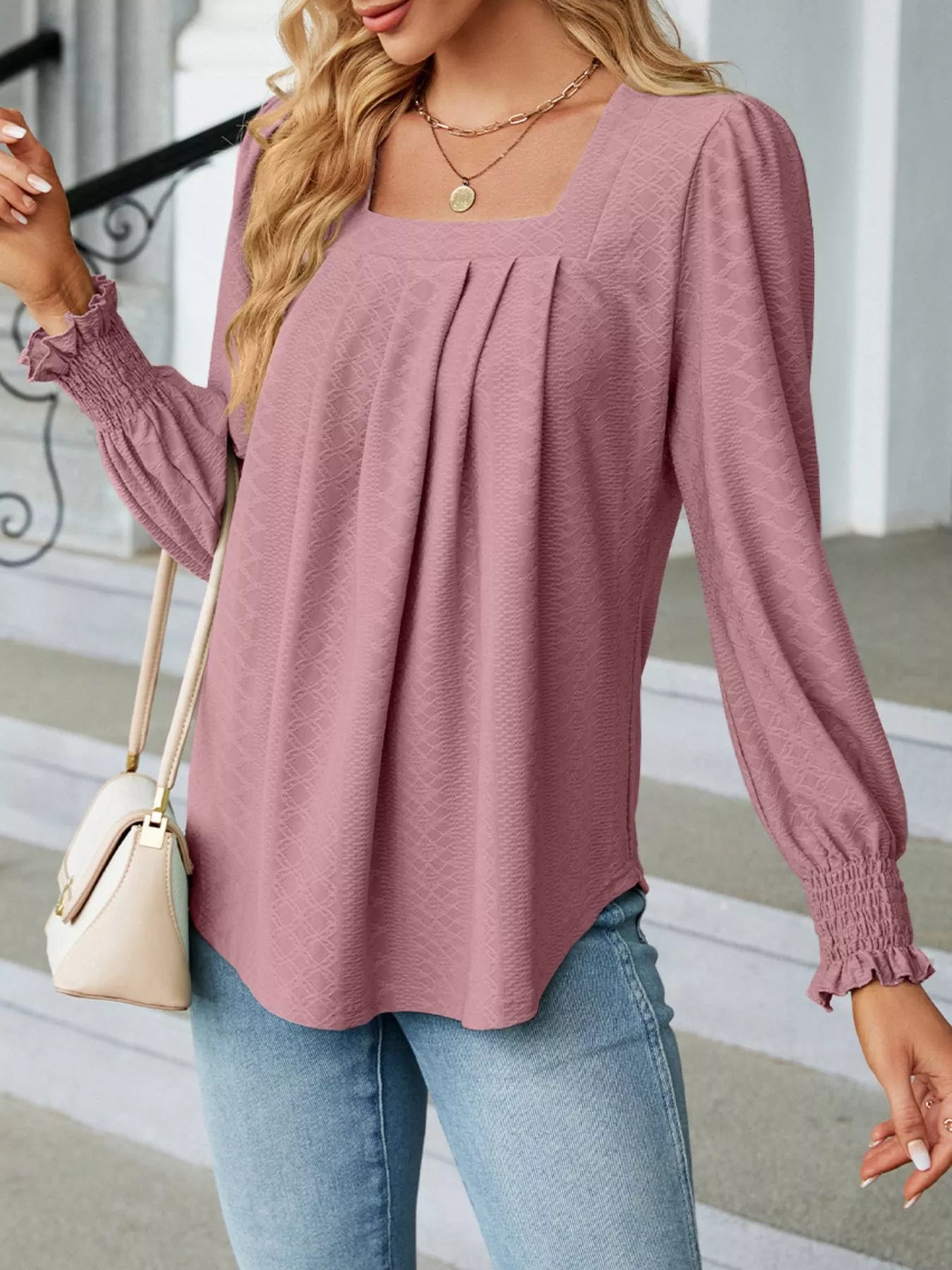 Pleated Square Neck Long Sleeve Top