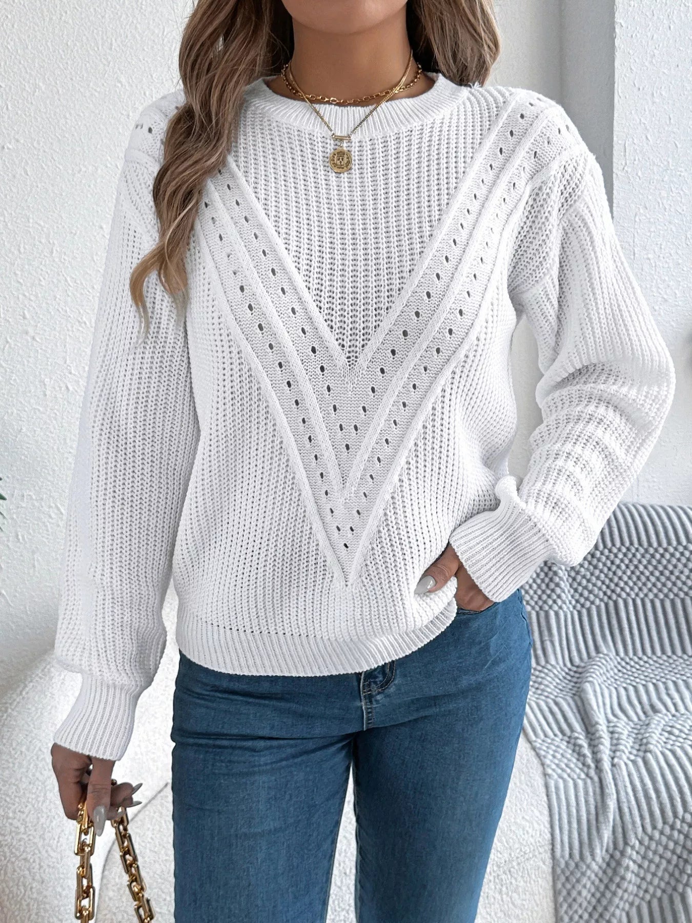Openwork Round Neck Sweater