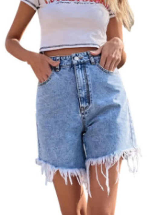 High Waisted Frayed Hem Denim Shorts