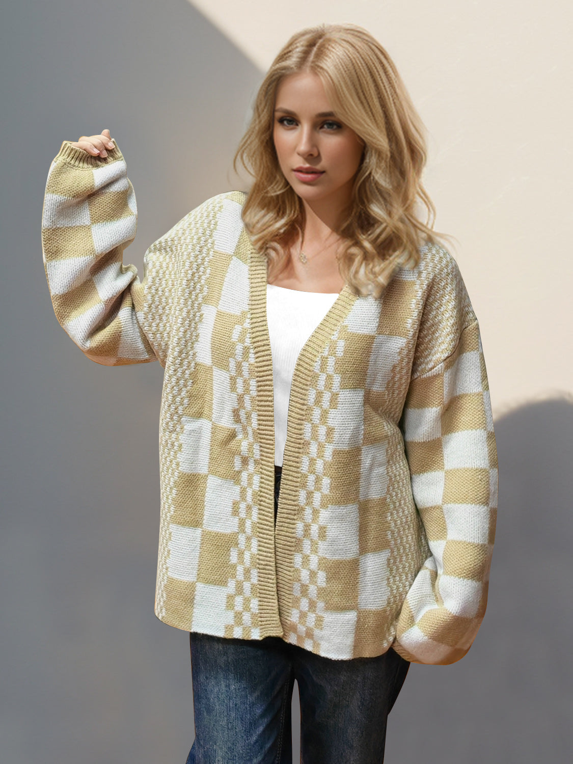 Back To School Sweater - Double Take Checkered Open Front Dropped Shoulder Cardigan