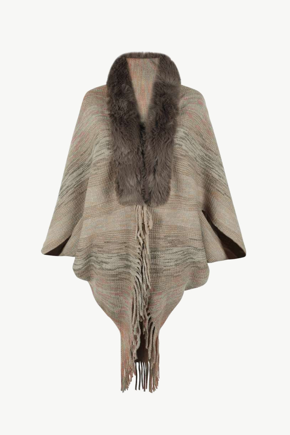 Open Front Fringe Hem Poncho Mocha One Size