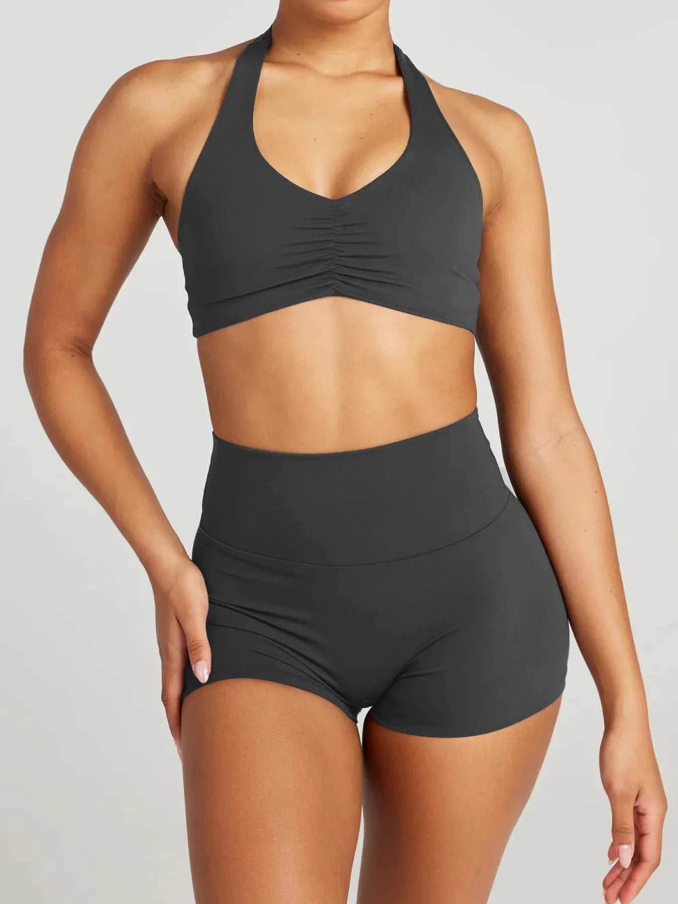 Halter Neck Cami and Shorts Active Set Dark Gray