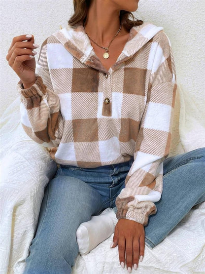 Plaid Half Button Long Sleeve Hoodie Camel