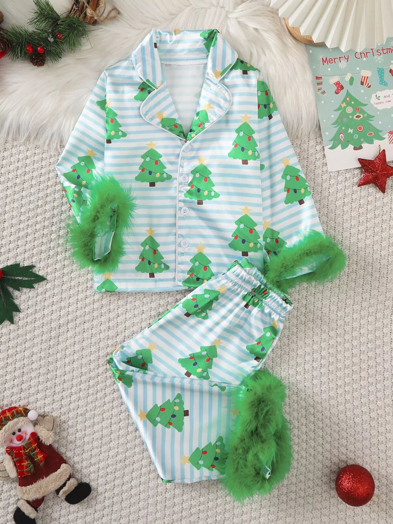 Children's Christmas Tree Print Fluffy Cuff Pajama Set Pastel Blue