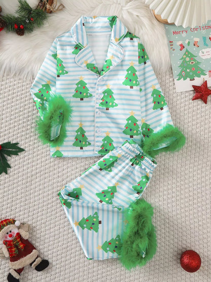 Children's Christmas Tree Print Fluffy Cuff Pajama Set Pastel Blue