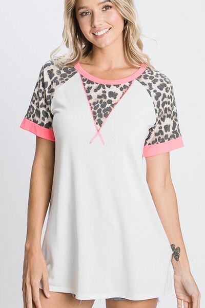 HeimishFull Size Leopard Round Neck Short Sleeve T-Shirt with Stitch Plus Size