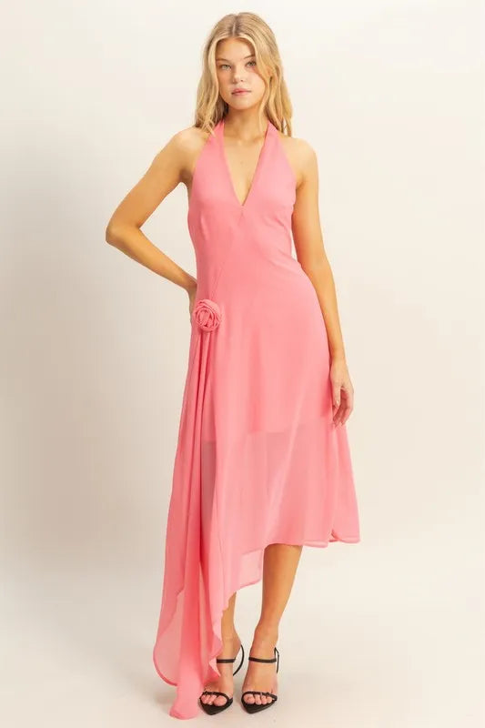 HYFVE Chiffon Halter Asymmetrical Hem Dress ROSE