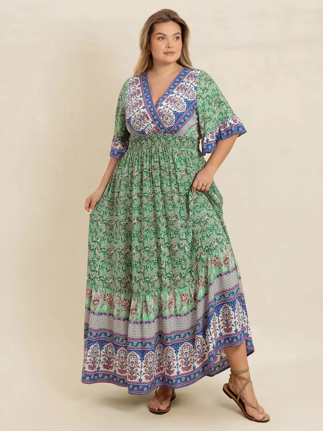 Plus Size Floral Print Smocked Waist Maxi Dress