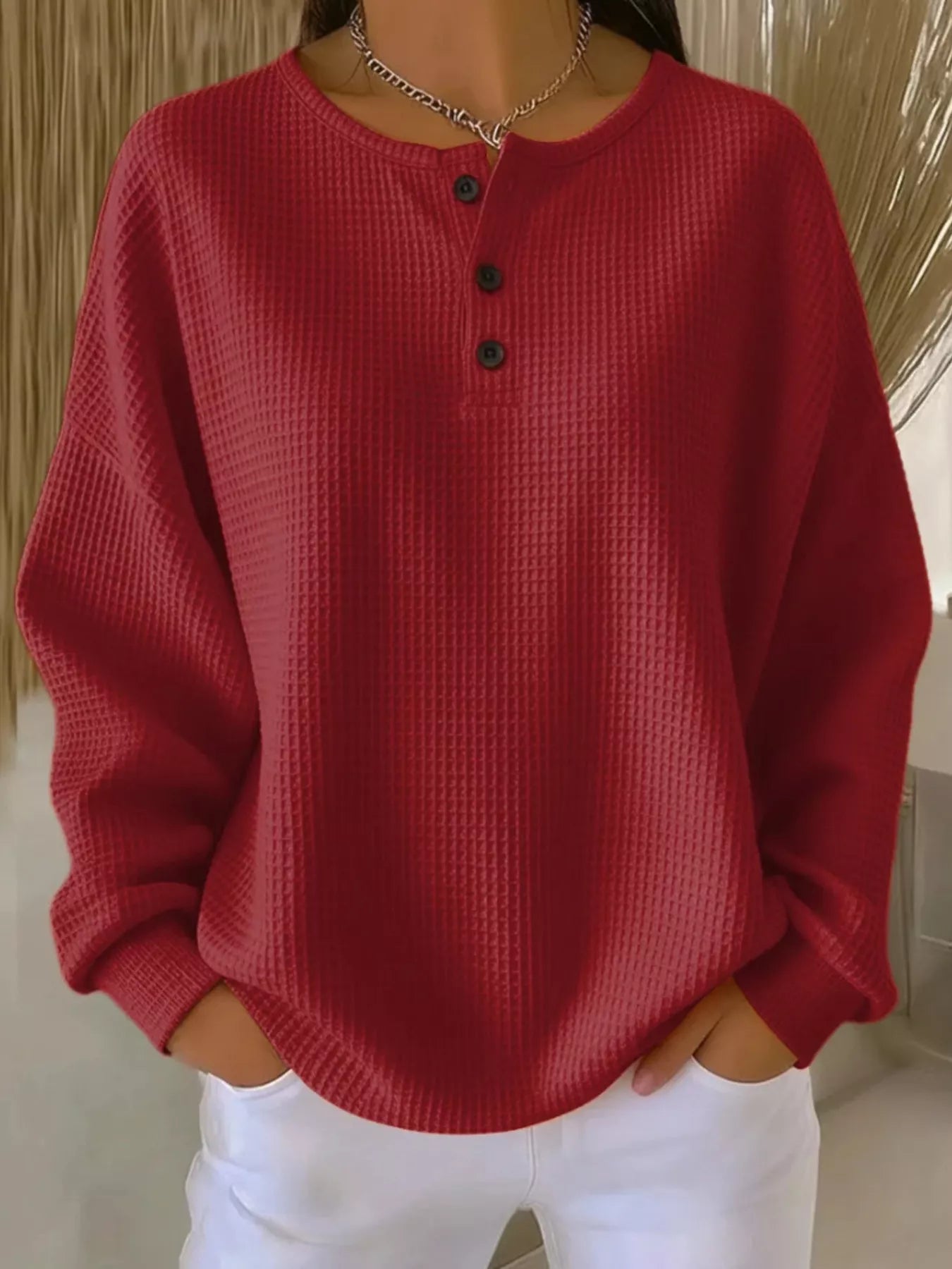 Full Size Waffle Knit Button Detail Top Plus Size Red