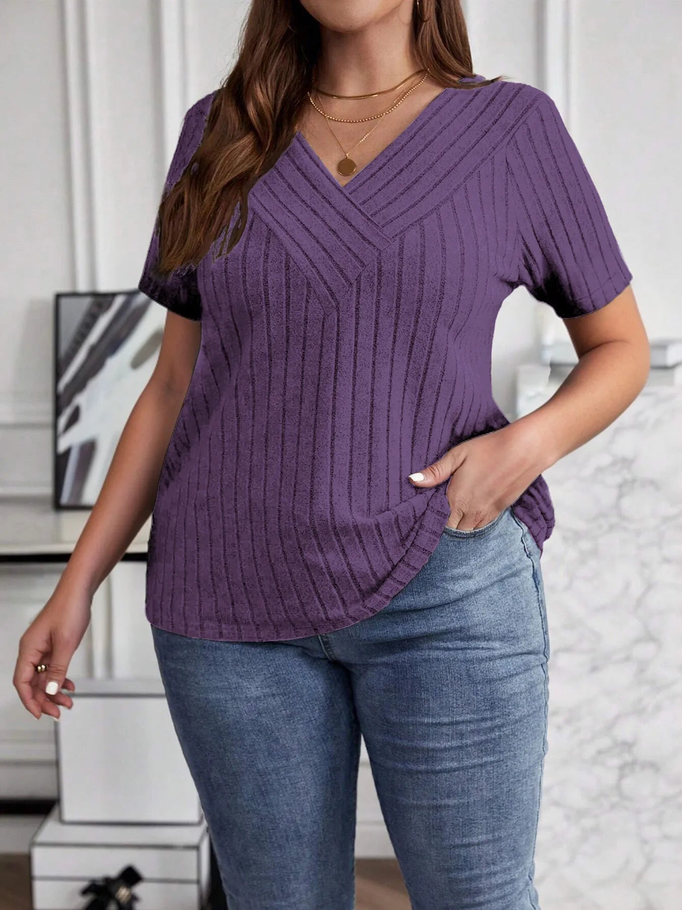 Plus Size V-Neck Short Sleeve Ribbed T-Shirt