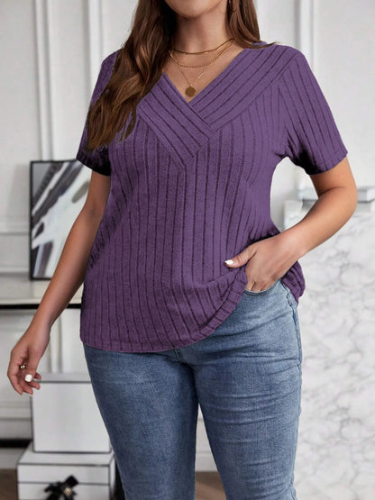 Plus Size V-Neck Short Sleeve Ribbed T-Shirt