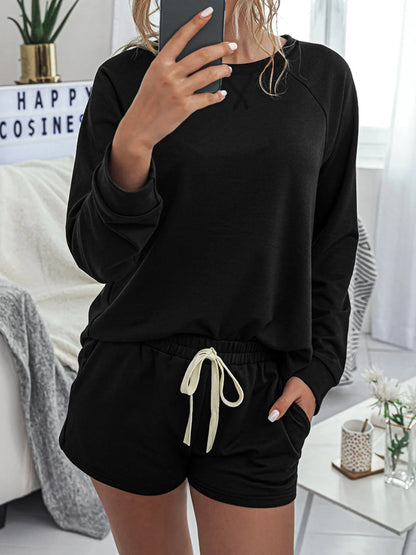 Round Neck Raglan Sleeve Top and Shorts Lounge Set