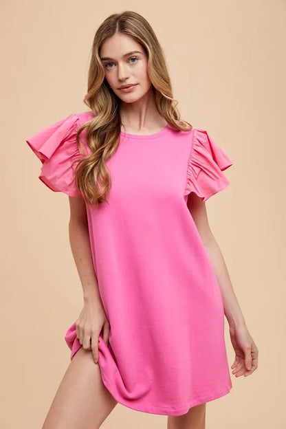 Annie Wear Round Neckline Ruffle Sleeve Relaxed Knit Dress HOT PINK