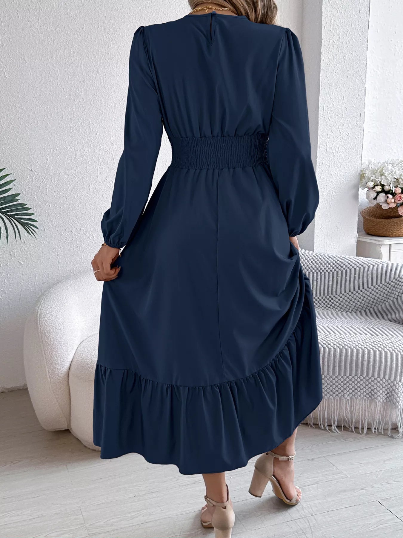 Round Neck Balloon Sleeve Tiered Dress