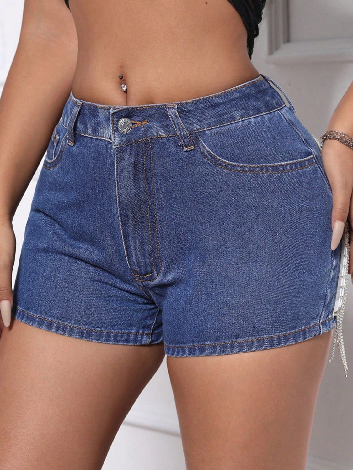 Fringe Back Denim Shorts with Pockets