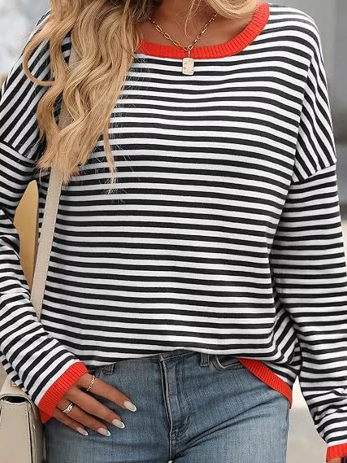 Plus Size Contrast Striped Long Sleeve Sweater