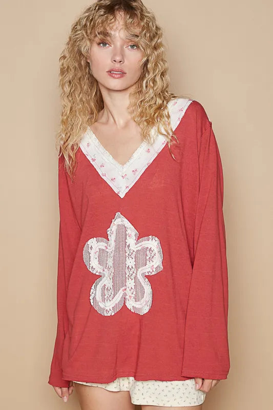 POL Lace Flower Patch Long Sleeve T-Shirt