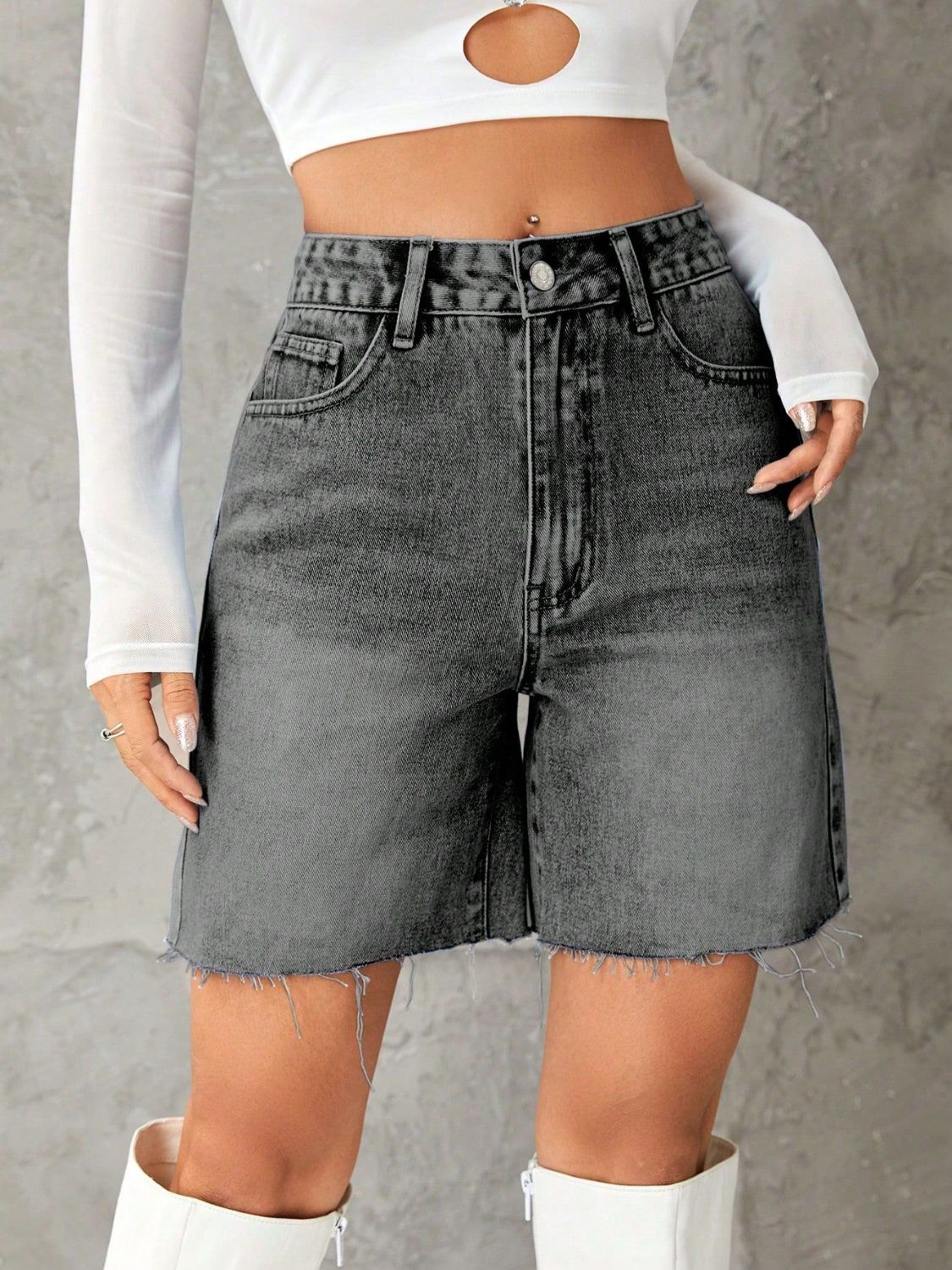 Frayed Hem Denim Shorts Dark Gray