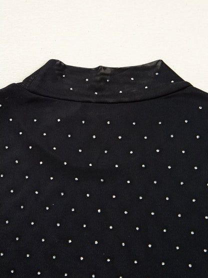 Rhinestone Embellished Mesh Long Sleeve Top