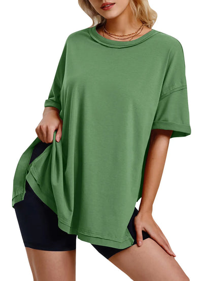 Full Size Oversized Drop Shoulder Side Slit T-Shirt Plus Size Dark Green