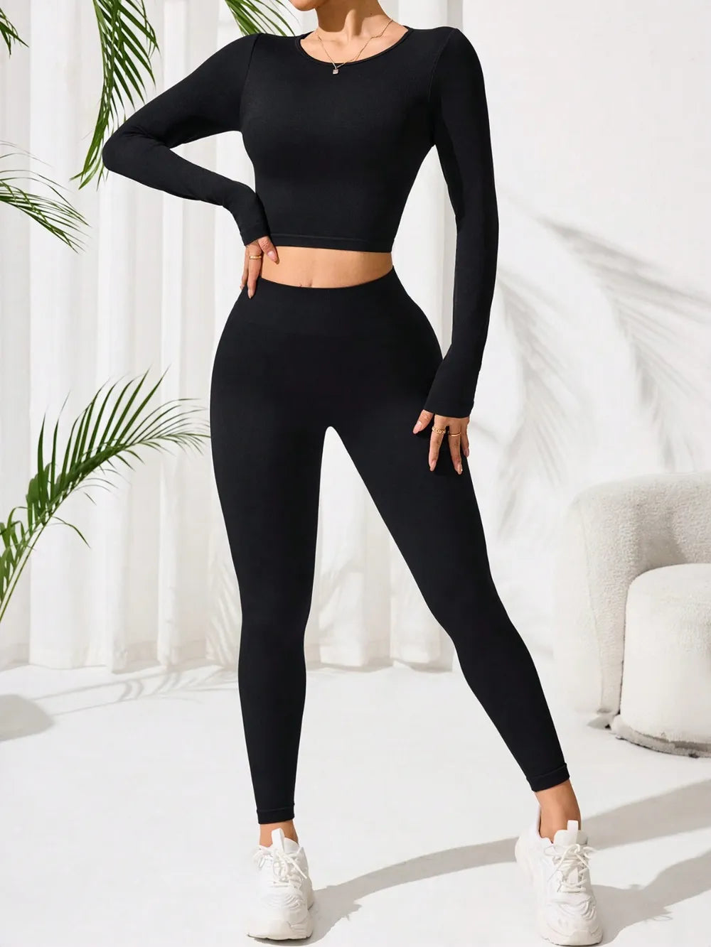 Lace-Up Back Round Neck Top and Leggings Active Set Black