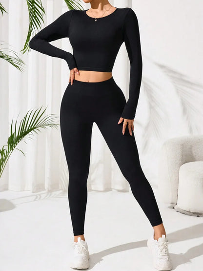 Lace-Up Back Round Neck Top and Leggings Active Set Black