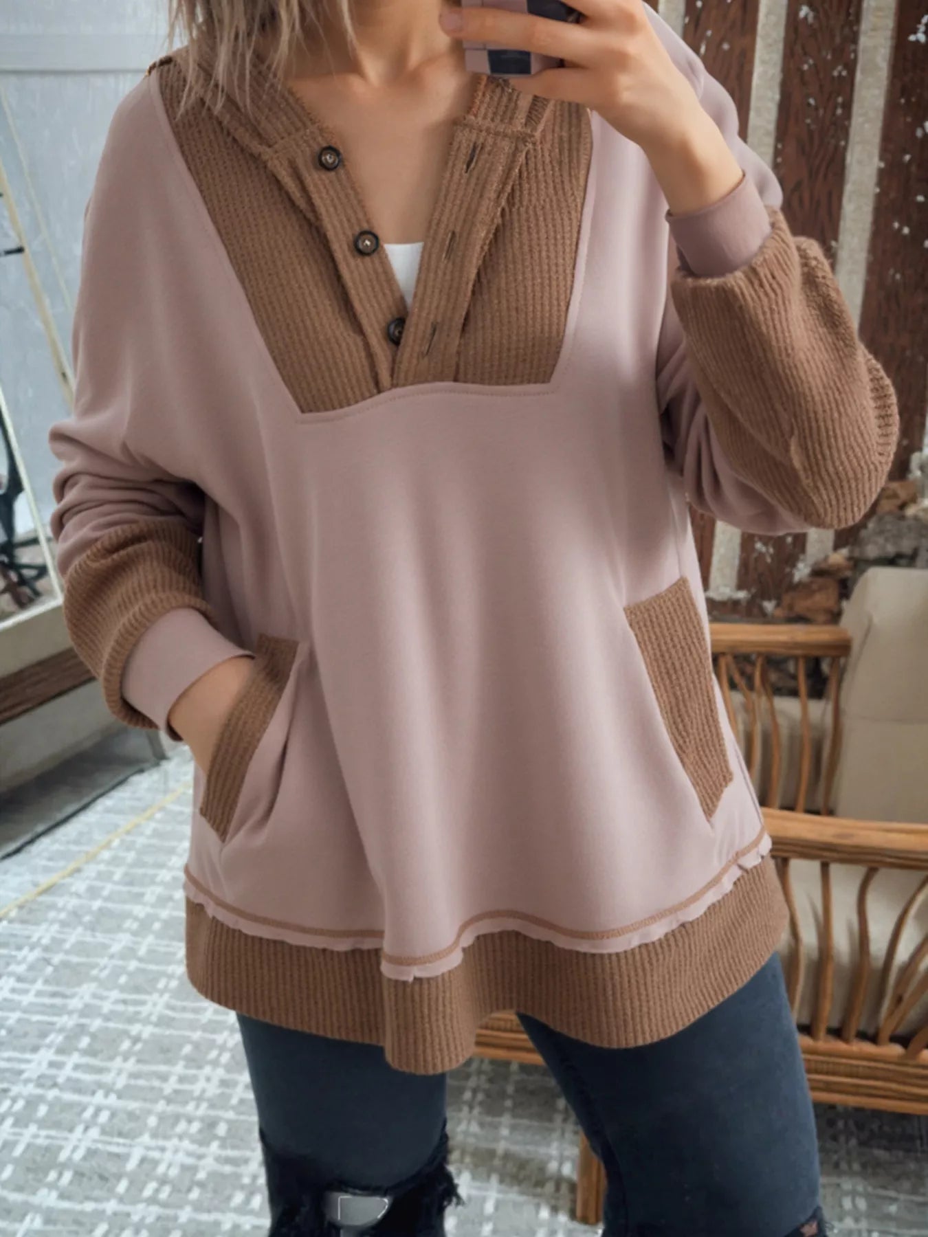 Oversize Waffle Patchwork Exposed Seam Casual Hoodie Taupe