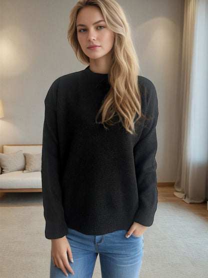 Round Neck Drop Shoulder Long Sleeve Sweater Black One Size